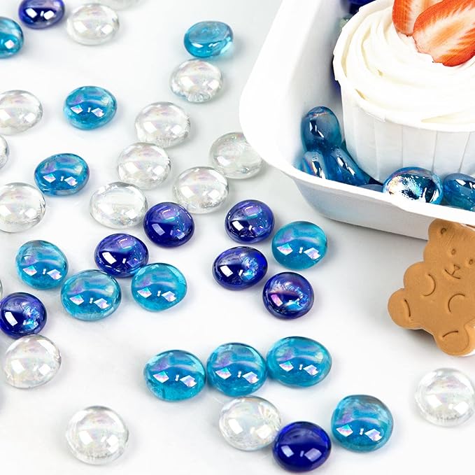 FUTUREPLUSX 1LB Iridescent Flat Glass Marbles, Vase Fillers Blue Mixed Glass Beads Rocks for Fish Tank Aquarium Decor DIY Craft