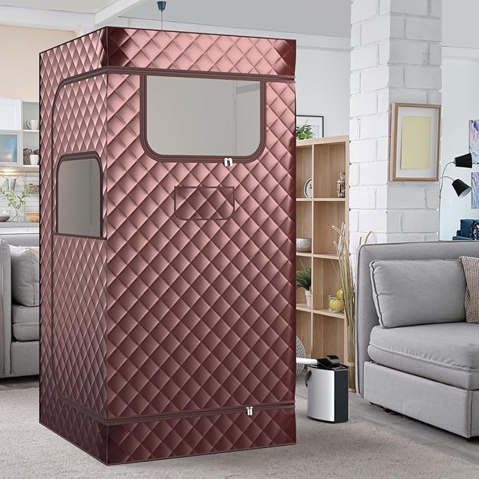 Giantex Portable Sauna Box, Full Body Steam Sauna for Home with 3L Generator, Remote Control, Folding Chair & Wooden Foot Roller, Lightweight Single Person Sauna Tent, 36" x 36" x 72", Coffee