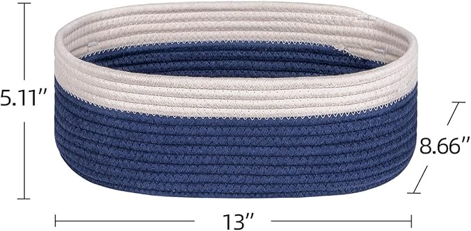 Off White&Navy Shelf Basket to Store and Organize Household Items/Baskets&Bins for Daily Storage &Organizing/Woven Rope Basket for Living Room, Bedroom,Small Oval-13x8.66x5.11’’,3 Packs