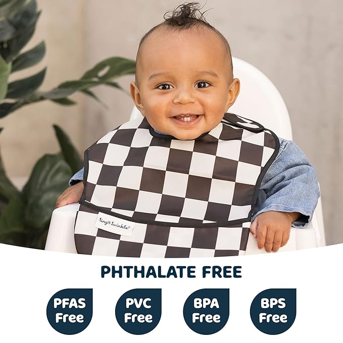 Tiny Twinkle Mess-Proof Baby Bib - Waterproof Bib for Baby Boy or Girl - Machine Washable - Adjustable Closure - PVC, BPA, & Phthalate Free - Great for Travel - Baby Food Bibs (3 Pack, Checkers Boy)