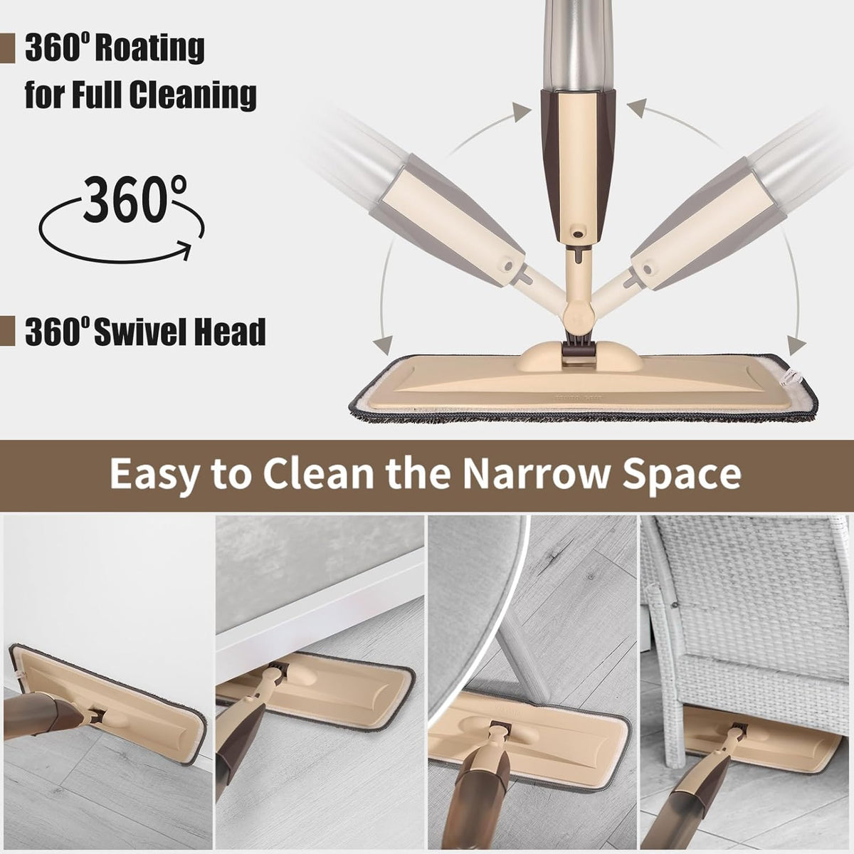Mops for Floor Cleaning, 50 inch Spray Mop with 400ml Refillable Bottle and 2 Replacement Pads Dry Wet FloorCleaning Household or Commercial Use for Hardwood Laminate Tile Ceramic (Brown)