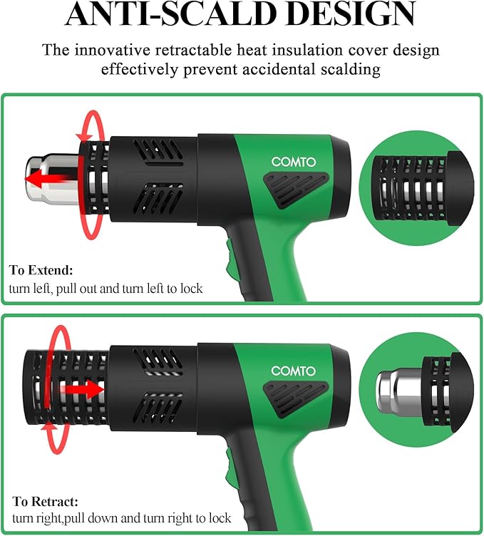 1800W Heat Gun with LCD Digital Display, Variable Temperature Control 122℉-1202℉（50℃- 650℃）with 4 Nozzles for Crafts, Vinyl Wrap, Shrink Tubing (SG-1004E)