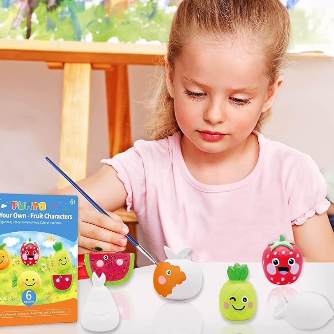 Funto Paint Your Own Fruits Painting Kit, 13 PCS Crafts Set for Kids, STEAM Project Creative Activity DIY Toys with 6 Figurines, 6 Paint Pots, 1 Brush
