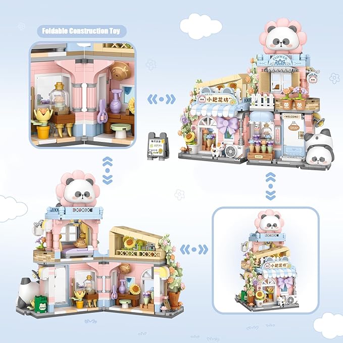 Street View Flower House Shop Mini Building Blocks, MOC Creative Building Toys Cute Panda Building Set for Kids 6-12, Simulation Architecture Construction Toy, Gift Idea for Kids Adults (810PCS)