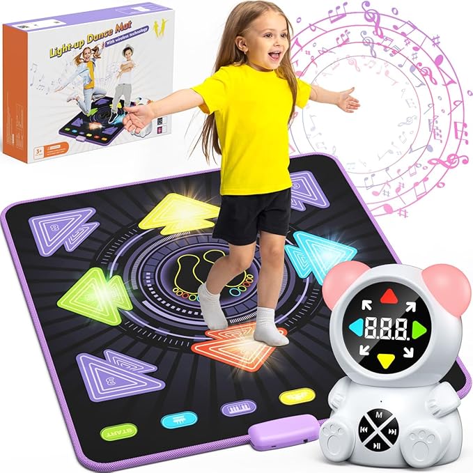 Dance Mat for Kids, Rechargeable Dance Mats for Girls and Boys, Light-up Dancing pad Game with Wireless Bluetooth, Christmas Birthday Gifts Ideas for 3 4 5 6 7 8 9 10 11 12 Year Old Kids