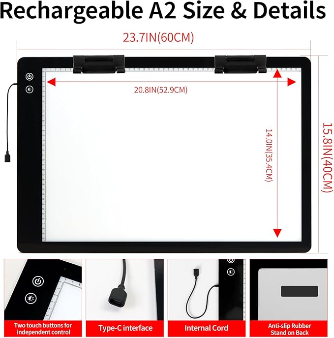 Rechargeable A2 Large Tracing Light Box with 3-Color Light Modes, Wireless Ultra-Thin LED Light Board with 6-Level/Stepless Brightness, Cordless Trace Light Pad for Sketching, 5D Diamond Painting