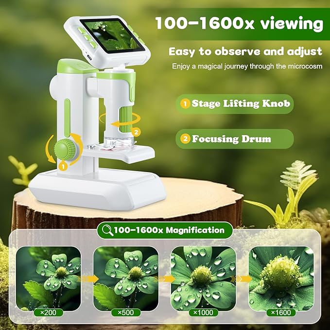 1600X Digital Microscope for Kids, Upgraded Portable Microscope with 4.0 inch HD Screen, 2-in-1 Desktop Handheld Miniscope Rechargeable Student Education Science Microscopes Gift for Kids