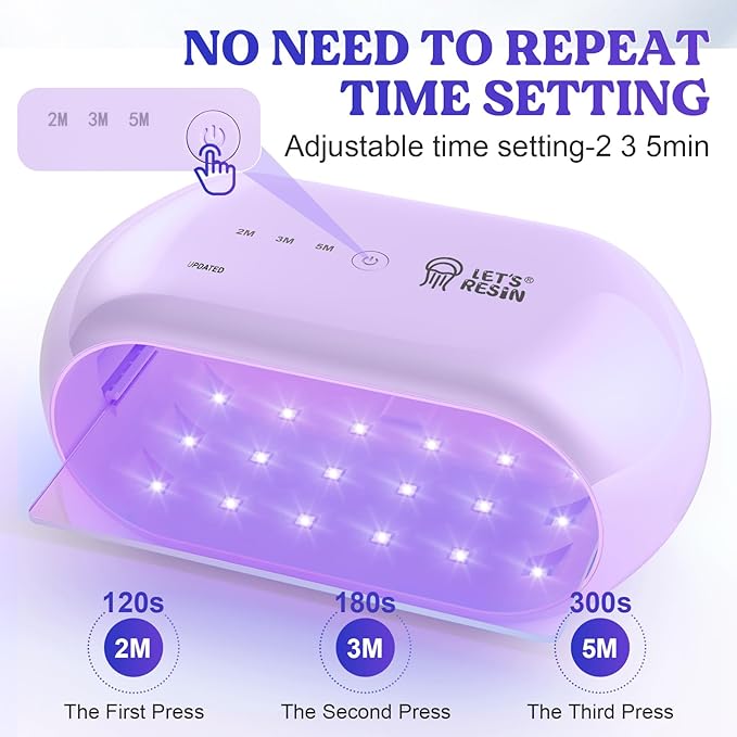 LET'S RESIN UV Light Advanced,Two-Sided Longer time Setting(2m,3m,5m) UV Lamp with Single Head Adapter, Large Size 36 Beads LED UV Light for Resin Curing,Resin Molds,DIY Craft Decor(Purple)