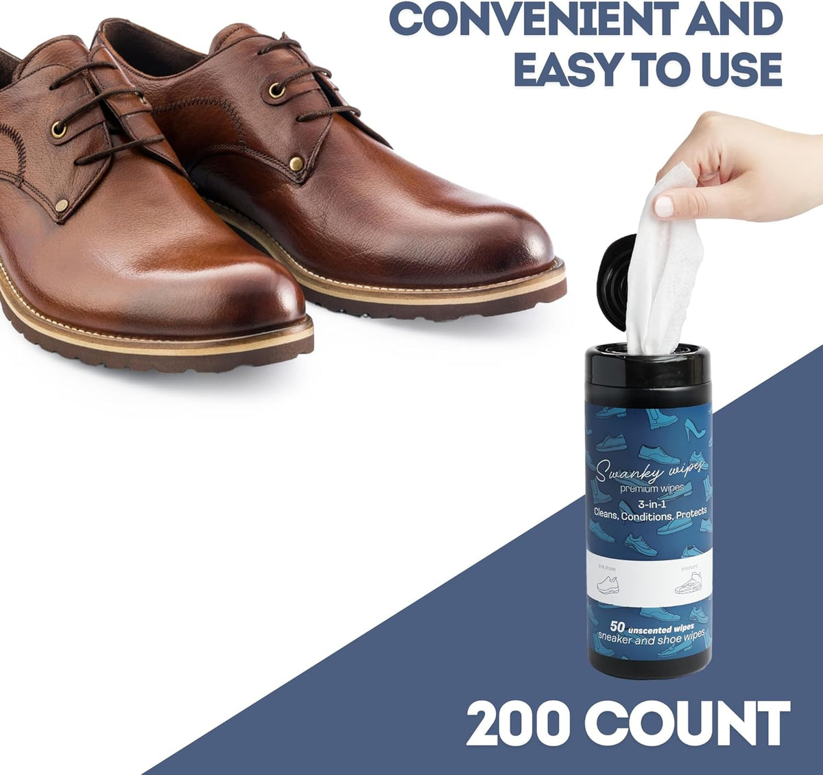 Swanky Shoe Cleaner Wipes - Leather and Sneaker Cleaner, Removes Dirt, Grime and Stains, Quick & Easy Shoe Sole and Boot Cleaning Wipes, Essential Shoe Cleaning Supplies - Canister, 200 Count