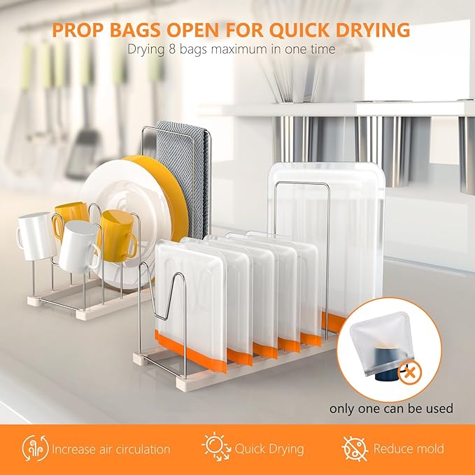 Reusable Bag Drying Rack,Silicone Bag Drying Rack,Plastic Bags Dryer Rack,Dryer Rack for Silicone Storage Bags,Draining Stand Holder for Cups,Bottles,Pan Lid&Cutting Board Organizer