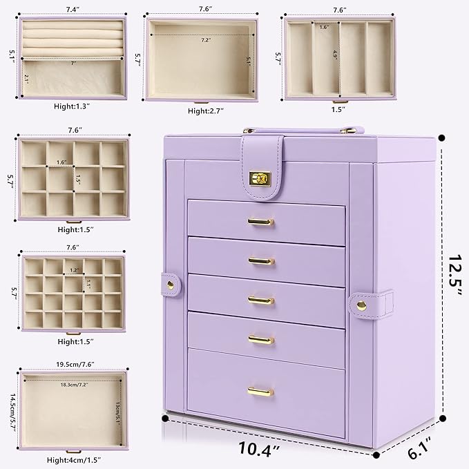 AKOZLIN Large Jewelry Box Organizer Functional Lockable with Big Mirror, Leather Jewelry Storage Case for Women Girls Ring Necklace Earring Bracelet Holder Organizer Violet