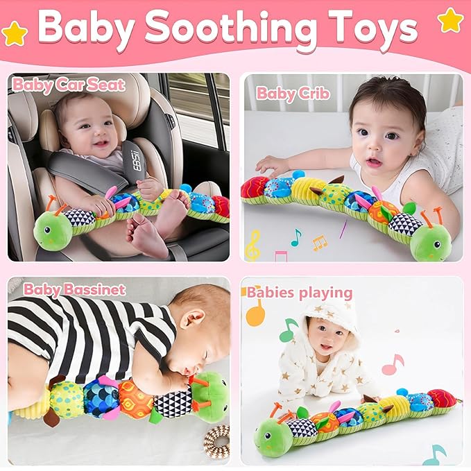 Baby Sensory Toys 0-12 Months, Plush Toys with Music and Rattle, Suitable for Newborn Baby Tummy time, can be Used as a Newborn Birthday, Holiday, Baptism Gift (Green Caterpillar)