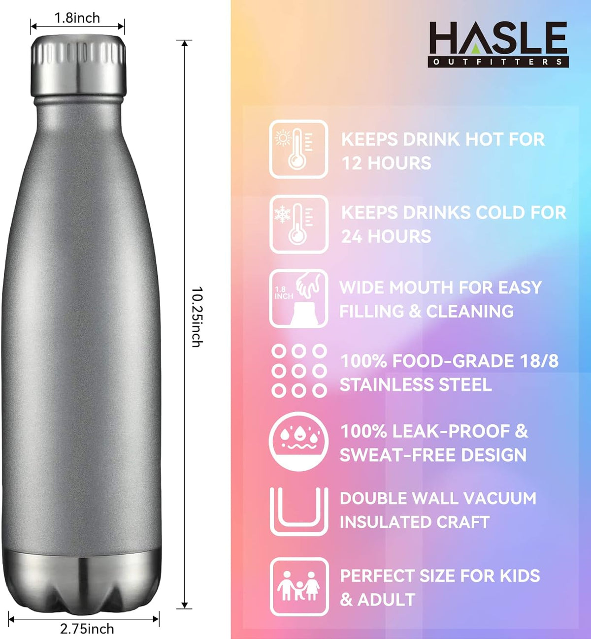 HASLE OUTFITTERS 17oz Stainless Steel Water Bottles Bulk, Vacuum Insulated Water Bottles Double Walled Reusable Metal Sports Water Bottles Keep Drinks Hot and Cold, Gray, 8Packs