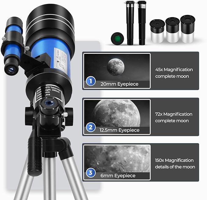ESAKO Telescope for Kids & Beginners, 70mm Aperture Portable Telescopes with 3 Eyepieces, Height Adjustable Tripod & Phone Adapter & Remote Control