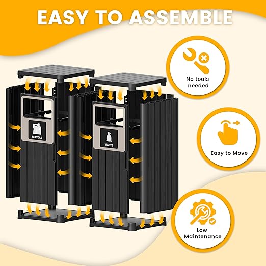2pcs Outdoor Trash Can Waterproof Resin Garbage Can with Garbage Labels Outdoor Trash Bin for Patio, Garden,Kitchen, Black