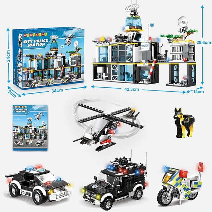 HOGOKIDS City Police Station Building Set - 1261 PCS Police Building Blocks Toys with Helicopter Motorcycle and 2 Cars, STEM Police Construction Playset for Kids Boys Girls Aged 8 9 10 11 12+