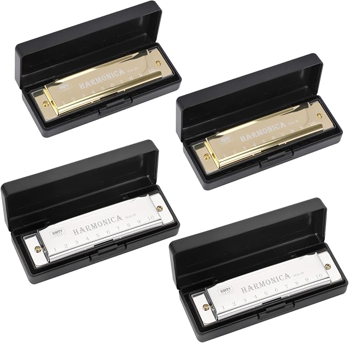 UPINS Harmonica, 4PCS Key of C 10 Hole 10 Tones Titanium Color Harmonica with Case for Beginner (Gold, Silver)