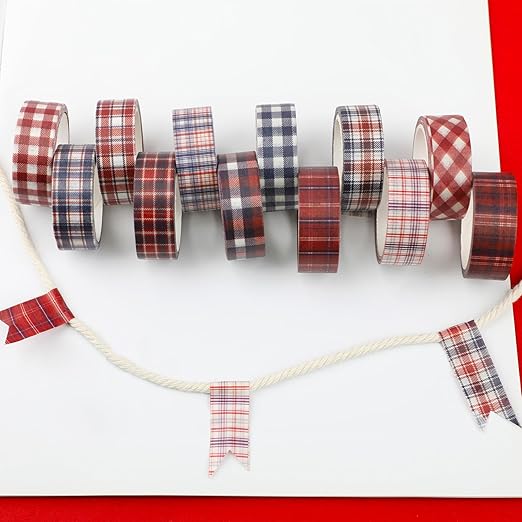 12 Rolls Basic Grid Washi Tape Set, Red Blue White Plaids Decorative Paper Stickers for Thanksgiving Christmas Independence Day Scrapbook Journaling DIY Art Crafts Gift Wrapping 16.4FT