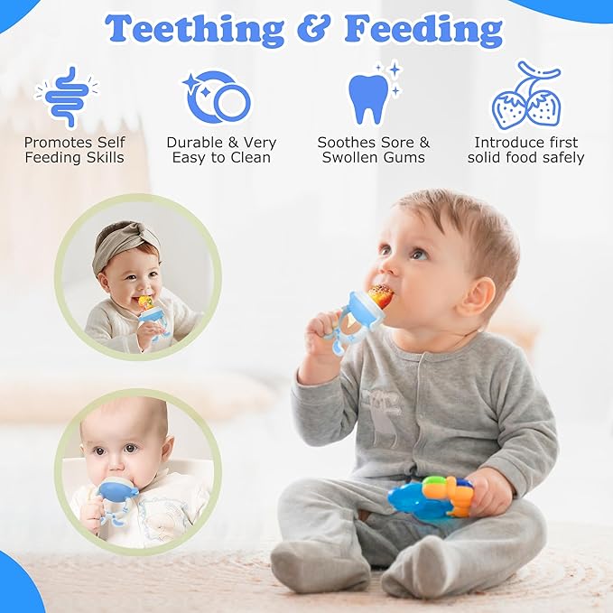 WAJIAYON Baby Fruit Feeder Pacifier- 3 Pack | Infant Food Feeder Pacifier & Baby Food Dispensing Spoon | Mesh Fresh Fruit Teethers for Babies | Shower Gifts for Boys and Girls (Sky Blue)