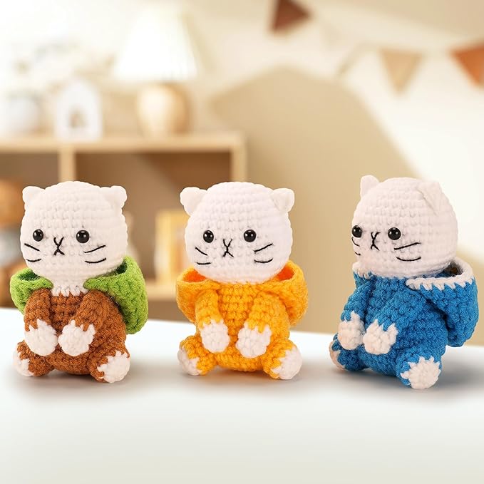 Crochet Kit for Beginners, 3 Pack Duck Cat Crochet Kits with Step-by-Step Video Tutorials, Beginner Crochet Kit for Adults Kid, Crochet Animal Kit for Starters, DIY Craft Gift for Cat Lover