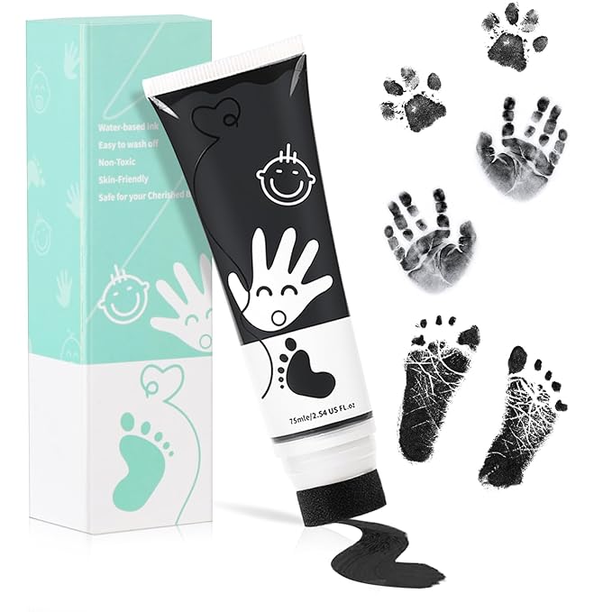 75ml Black Baby Hand and Footprint Ink Kit, Baby Handprint Footprint Paint for Newborn Keepsake, Dog Cat Paw Print Kit, Washable, Non Toxic Acid-Free, Safe Gentle for Ideal New Mom Gifts