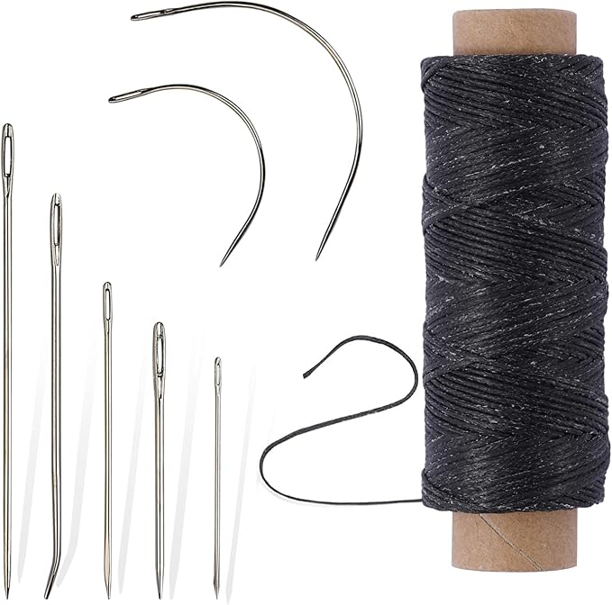 55Yards Waxed Thread with 7 Pcs Leather Needles for Hand Sewing 150D Flat Sewing Waxed Thread Leather Repair Needles for Women Sewing Upholstery Leather Canvas Bags Sofa Furniture