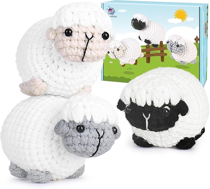 Crochet Kit for Beginners, Crochet Starter Kit with Step-by-Step Video Tutorials, Amigurumi Crochet DIY Knitting Supplies for Adults Kids, 3-Pack Little Lambs (40%+ Yarn)