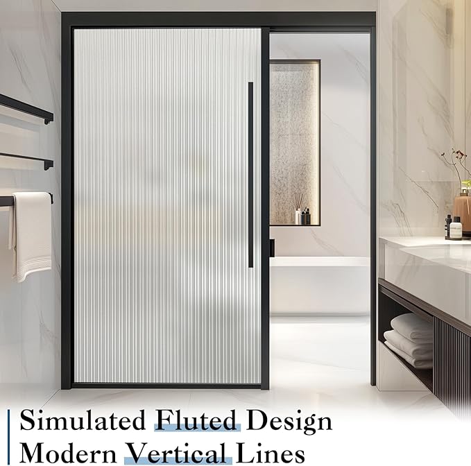 Haton Reeded Glass Window Privacy Film, Frosted Glass Window Film, Static Cling UV Blocking Stickers, Decorative Removable Cover for Bathroom Door Office, Non Adhesive 17.5" x 118.1"