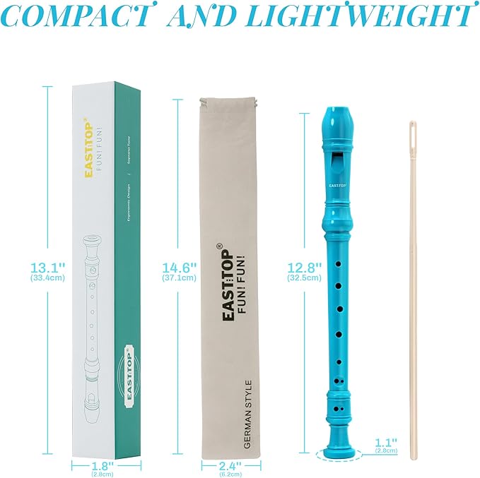 EAST TOP Soprano Recorder for Kids Beginners, 8 Hole Plastic German Fingering Flute Recorder 3 Piece with Cleaning stick, Cotton pouch, Fingering Chart, Colorful box (Blue)