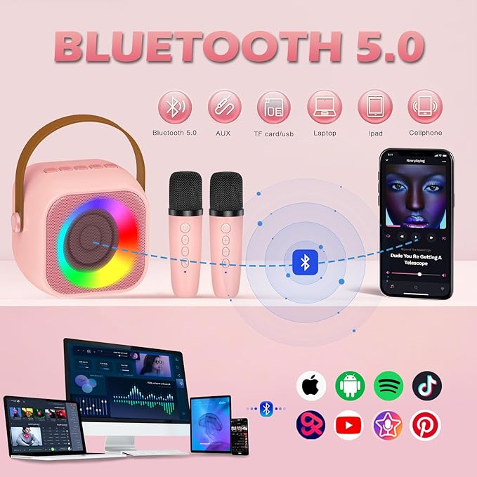 Mini Karaoke Machine for Kids Girls, Kids Karaoke Machine with 2 Wireless Microphones and LED Lights Toys for Christmas Birthday Party, Gifts for 4 5 6 7 8 9 10 11 12 Years