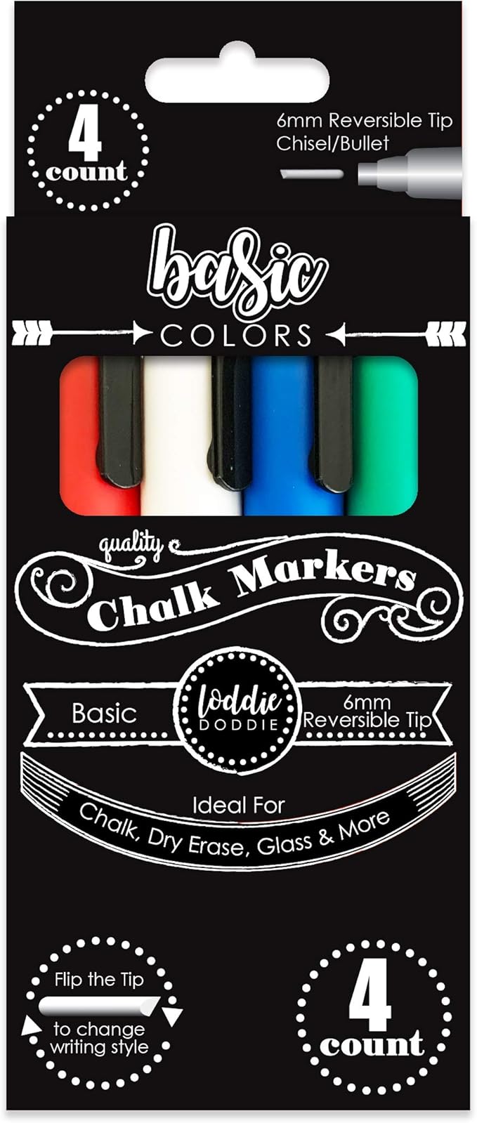 Loddie Doddie Liquid Chalk Marker Set - Pack of 4, Basic Colors, 6mm Tip - Fine-Tip Chalkboard Markers for Blackboard - Washable Window Pens for Glass - Dual Ends for Chalkboard Calendar