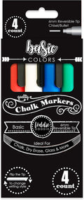 Loddie Doddie Liquid Chalk Marker Set - Pack of 4, Basic Colors, 6mm Tip - Fine-Tip Chalkboard Markers for Blackboard - Washable Window Pens for Glass - Dual Ends for Chalkboard Calendar