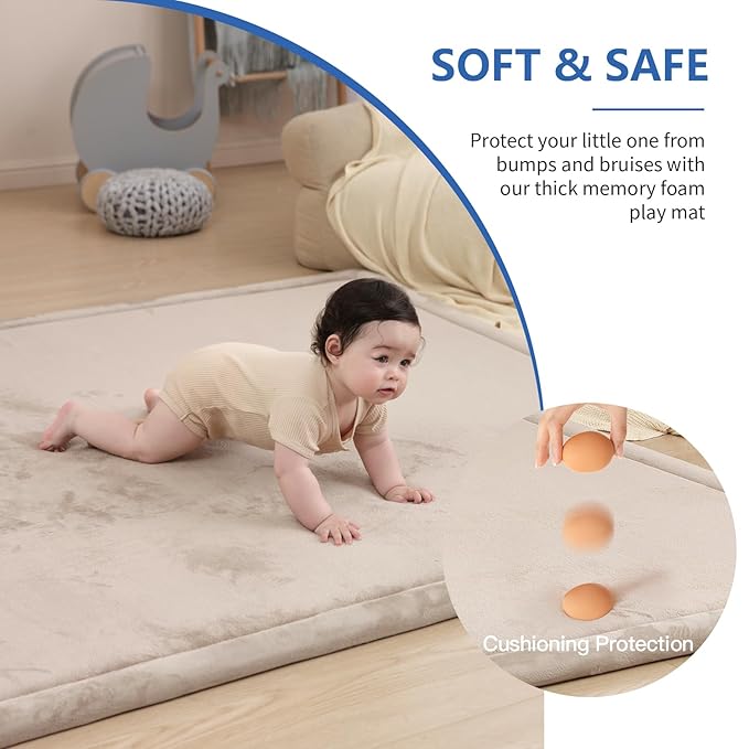 Baby Play Mat for Floor,1.3" Thick Memory foam Tummy Time Mat,Water Repellent Soft Coral Velvet Nursery Rug,Extra Large Non Slip for Crawling,Toddlers,Infants,kids,Tatami Style for Living Room(Beige)