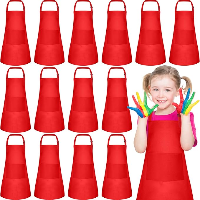 PLULON 12 Pcs Aprons for Kids Adjustable Kids Red Apron Bulk with Pocket Painting Aprons For Boys Girls Painting Cooking Baking (Red)