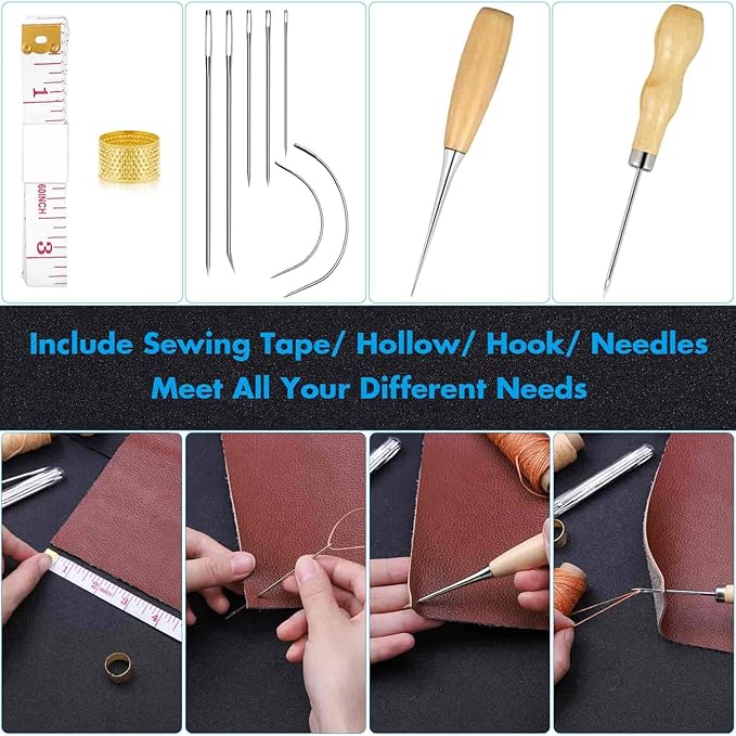 Cridoz 35 Pcs Leather Pouch Kit with Hole Punch, Sewing Tools, Waxed Thread and Large-Eye Stitching Needles for Beginner Crafting Projects