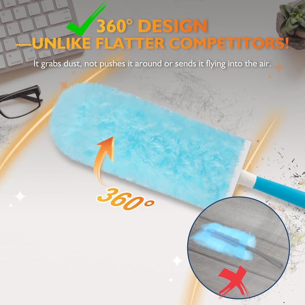 60ct 360° Heavy Duty Duster Refills Kit for Swiffer Duster, 4X Dust Capture Power with Microfiber, Disposable Feather Dusters for Cleaning Ceiling Fan, Cobweb, Car,1 Extended &1 Short Handle