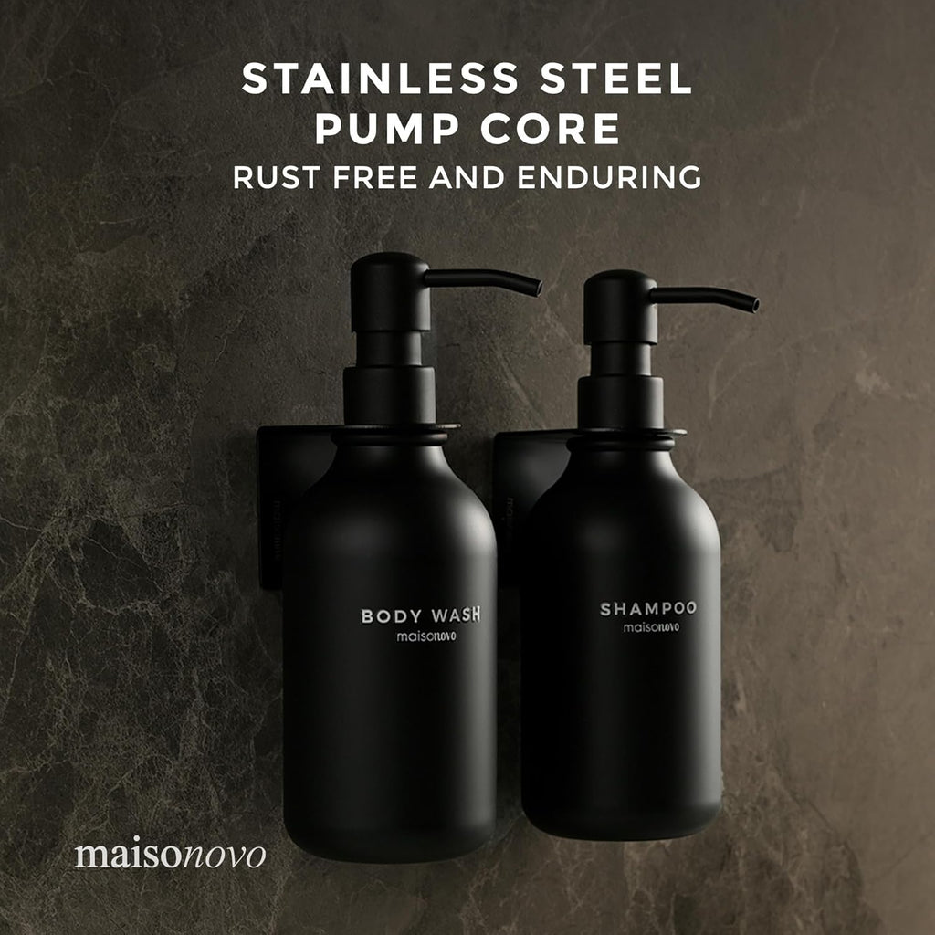 MaisoNovo Shampoo and Conditioner Dispenser - Shower Soap Dispenser Wall Mounted - 16.9 fl oz Set of 2 Black Plastic Bottles Black Pumps - 2 Chamber No Drill