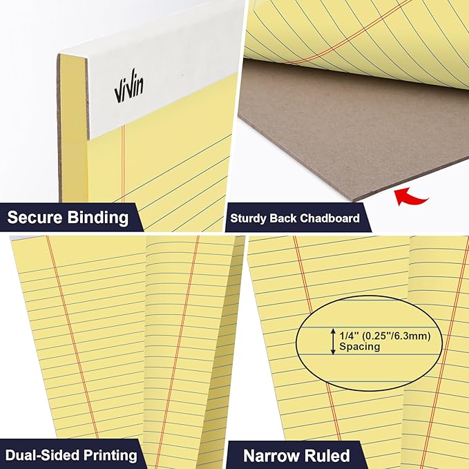 ViVin 5 x 8 Inch Legal Pads, 6 Pack, Narrow Ruled, 50 Sheets Per Writing Pad, Perforated Note Pads Ideal for Home, Office, Business, 300 Sheets, Canary Yellow Paper