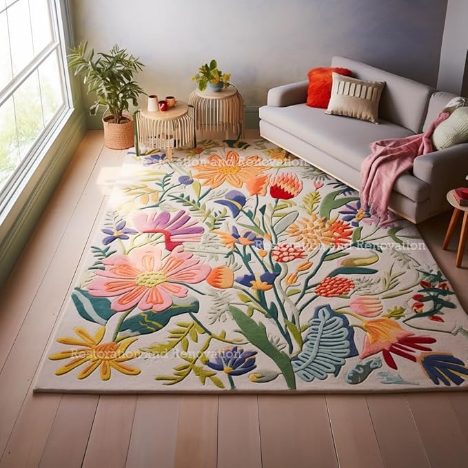 Handmade Wool Floral Area Rug for Living Room | Elegant Flower Garden Design, Soft, Thick and Durable | Bedroom, Dining Room & Home Decor Carpet (8' x 11', Floral B)