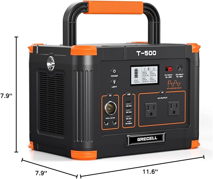 Portable Power Station 500W(Peak 1000W), 519Wh Outdoor Solar Generator Backup Battery Pack with 2 110V AC Outlets, 500W 10-Port Powerhouse for RV/Van Camping Fishing Climbing Road Trip Home Emergency