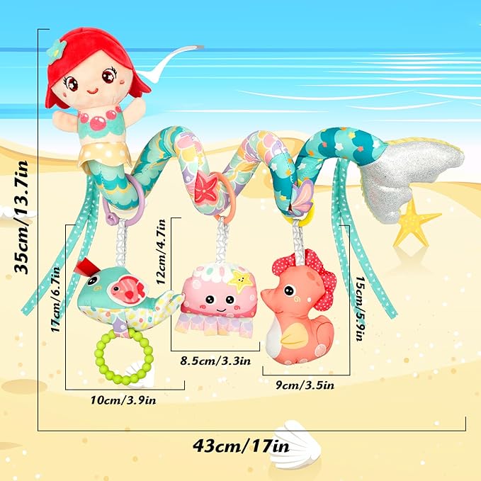 Carseat Toys Hanging Car Seat Toys for Babies 0-6 Months Boy Girl, Mermaid Stroller Toy Newborn Infant Sensory Baby Toy 0-6 Months with Music Rattle Teether, Gift for 0 3 6 9 12 Months