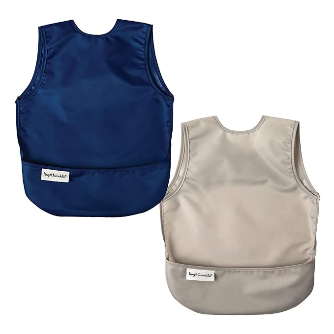 Tiny Twinkle Mess Proof Apron Bibs - 2 Pack Waterproof & Lightweight Baby Bibs for Led Weaning | 100% Recycled Polyester, Easy Clean & Machine Washable (Grey Indigo,Small 6-24 Months)
