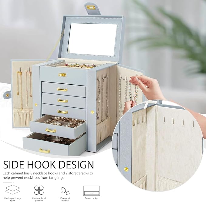 AKOZLIN Functional 6-Tier Jewelry Box Organizer with 5 Drawers Leather Jewelry Storage Case for Women Girls Ring Necklace Earring Bracelet Holder Organizer with Mirror Grey