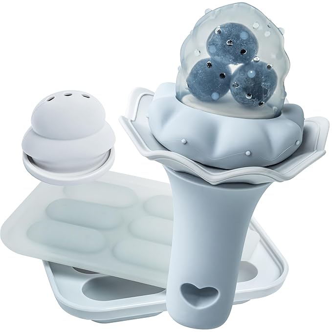 Moonkie Baby Fruit Feeder with Freezer Tray, BPA Free Silicone Food Feeder for Infant Self Feeding, Breastmilk Popsicle Molds, Mesh Feeder with Two Pouches, Baby Shower Gifts 4 Months+, 1 Pack