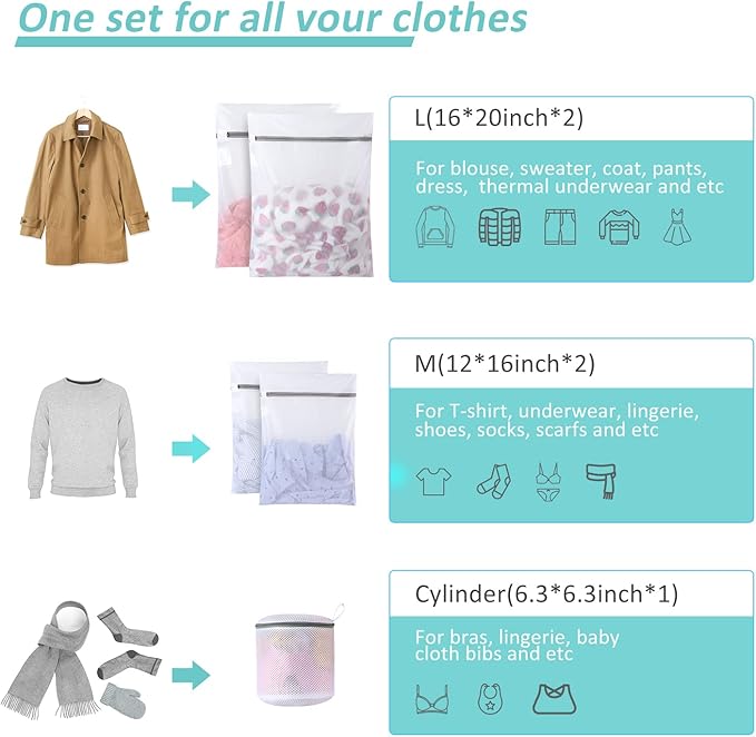 GOGOODA Laundry Mesh Wash Bags for Delicates (5 Set-2L, 2M, 1 Cylinder)
