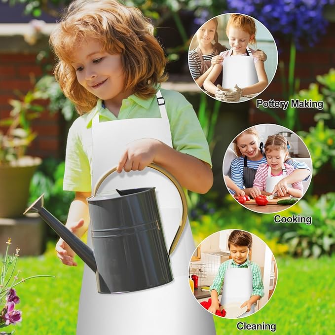 PLULON 8 Pcs Kids Apron Bulk Adjustable White Chef Apron with 2 Pockets Painting Aprons for Kids Cooking Baking Crafts (White)