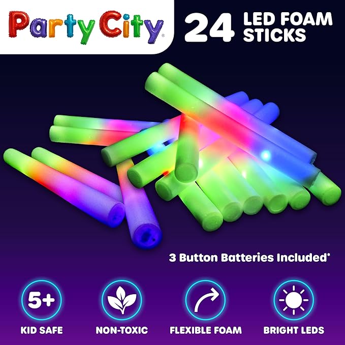 Party City 24pk LED Foam Glow Sticks 14”- Glow in the Dark Party Supplies Favors, Colorful Flashing Wand with 3 Modes, Light Up Foam Sticks Bulk Party Pack for Wedding, Birthday, Concert, Halloween