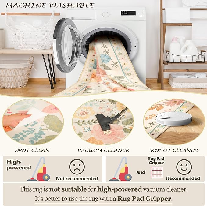 Floral 4x6 Area Rug Machine Washable Soft Print Boho Carpet Non Slip Doormat Low Pile Flower Area Rugs for Living Room Bedroom Nursery Kitchen Dining Room Indoor-Beige/White/Orange