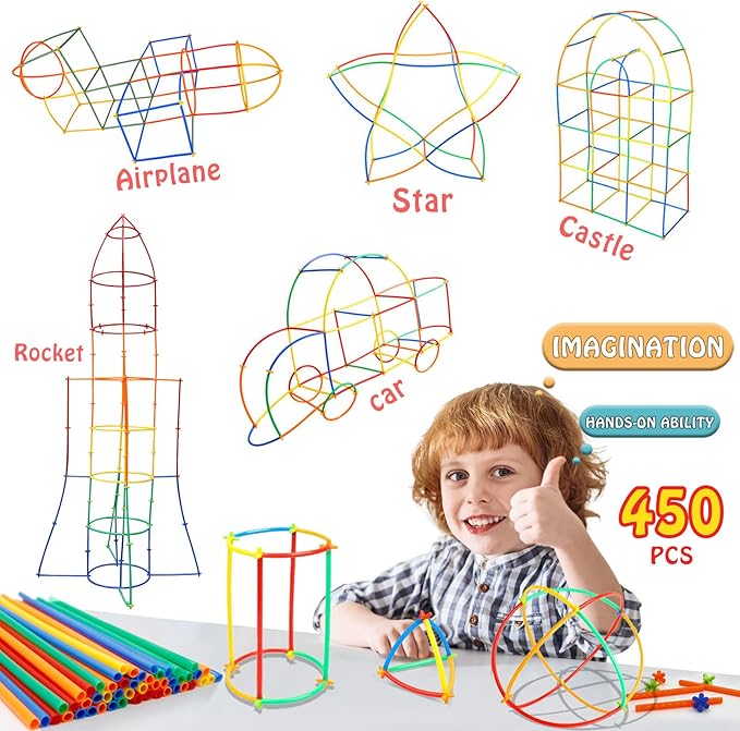 Creative Straw STEM Building Toys 450Pcs Aged for 3-5 5-7 Preschool Kids Constructor Toy Thin Tube Toy DIY Educational Interlocking Plastic Engineering Toys Kit for Boys and Girls