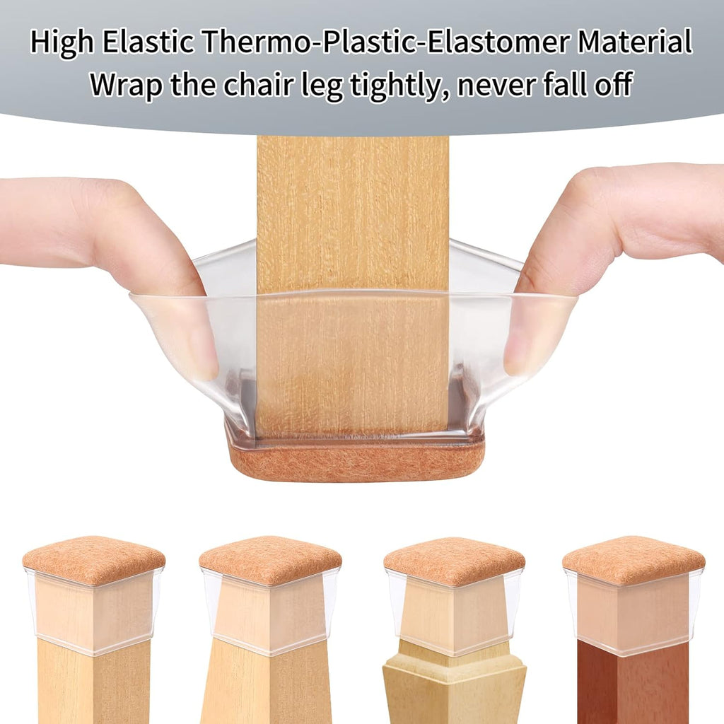Ezprotekt 24 Pcs XL Square Clear Chair Leg Floor Protectors, Silicone Felt Furniture Pads Caps for Hardwood Floor, Dining Table Bar Stool Leg Protectors Leg Cups Covers (XL Fit: 1.5"-2")